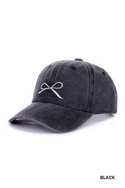 Ribbon Bow Embroidery Washed Hat